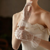 Flytonn-Wedding Gloves Short White Lace Lace Pearl Bridal Gloves