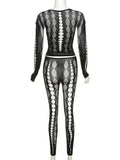 Flytonn Sexy See Through Mesh 2 Pieces Suits Women Streetwear Cyberpunk Mall Gothic Long Sleeve T-shirt High Waist Pants Suits