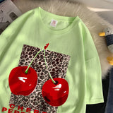 Flytonn-Cherry perfection T Shirt Women Leopard Prints Oversize Cotton T-Shirts Casual O-Neck Short Sleeve Tops Summer Woman Clothes