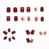 Flytonn- Wine Red Checkerboard Fake Nails Art Nail Tips Press on False Nail Set Full Cover Artificial Short Head 24pcs/pack