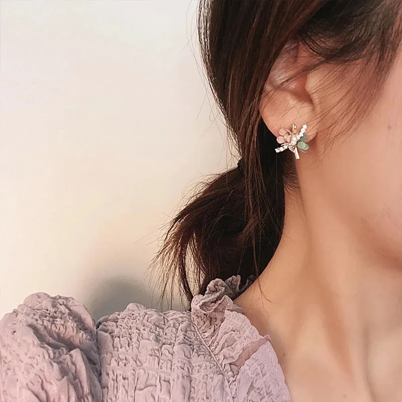 Flytonn-New Korean Trendy Handmade Colorful Sweet Flowers Stud Earrings for Women Shiny Jewelry Fashion Oorbellen Gifts