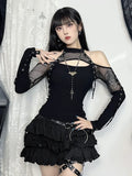 Flytonn Mall Gothic Sexy T-shirt Women Streetwear Harajuku Y2k E-girl Mesh Patchwork Hollow Out Long Sleeve Halter Crop Tee Tops