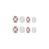 Flytonn- 24pcs Detachable False Nails Lattice Cross Color Short Fake Nails Decal Square Level Nail Tips With Wearing Tools