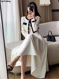 Flytonn-back to school fit nyc outfit Elegant Solid Midi Dress 2 Piece Set Office Lady Chic Suit Spring Short Jacket Sleveless A-line Dresses Outfits Korean Clothes