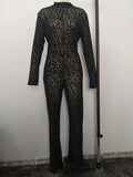 Flytonn Fashion Gauze Jumpsuits Sexy Leopard Print See Through Rompers Casual Basic Long Sleeves Wide Leg Pants Hot Girl Clothing