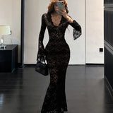 Flytonn-Sexy Bodycon Lace Long Dresses for Women V-neck Flare Sleeves Slim Mermaid Evening Party Dress Club Prom Robe Ladies Vestidos