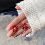 Flytonn-S925 Silver Needle Senior Red Petals Net Red Temperament Cute Small Flower Earrings Female Jewelry Earings Fashion Jewelry