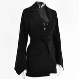 Flytonn 2022 Autumn Solid Long-sleeved Suit Jacket Lapel Sexy Straps Waist Cardigan Street Temperament Banquet Slim Women Top