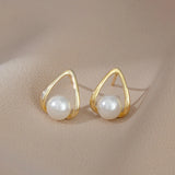 Flytonn-2024 New Simple Hollowed-out Pearl Stud Earrings Elegant Accessories for Korean Fashion Jewelry Women‘s Party Simple Earrings