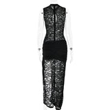 Sibybo Black Lace Long Dress For Women Sleeveless Hollow Out High Slit Bodycon Evening Dresses Sexy Slim Party Vestidos