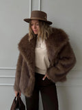 Flytonn-Christmas Thanksgiving Gift New Year's Eve Casual Outfits Retro Brown Flip Collar Soft Warm Lady Faux Fur Coat Fashion Long Sleeve Loose Fluffy Jacket Woman New Winter Commuter Outerwear