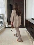 FLYTONN-Vintage Solid Loose Pants Suit Women Lapel Single Breasted Long Sleeve Shirt Wide Leg Pants 2 Pcs Set 2024 New Ladies Streetwear