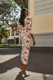 FLYTONN-Women Linen Flower Printed Slit Midi Skirt Suit Elegant Chic Puff Sleeves Backless Crop Top Set 2024 Summer Lady High Streetwear