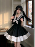 FLYTONN-Black Dress Women Bow Japanese Cute Lolita Dress Women Sweet lace Puff Sleeve Student Dresses Party Sailor Collar Kawaii Dress