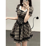 FLYTONN-Elegant Vintage Plaid Dress Women Even Party Y2k Short Sleeve Mini Dress Office Lady Kawaii Clothing Korean Dress 2023 Summer