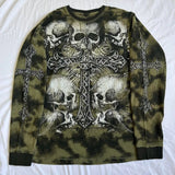 Flytonn-Fall Outfits Gothic Style  Outwear Streetwear y2k 90s Fashion 2000s Cyber Grunge Cross Skull Print T-shirt Y2K Autumn Long Sleeve Loose Tees E Girl Gothic Mall Goth Pullovers Tops Women Men