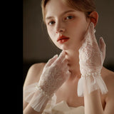 Flytonn-Wedding Gloves Short White Lace Lace Pearl Bridal Gloves