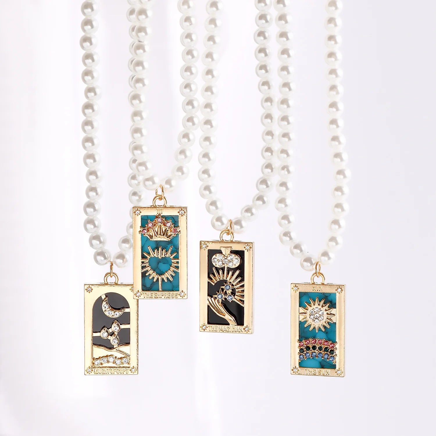 Flytonn Flytonn Delicate Imitation Pearl Necklace for Women Zircon Rectangular Tarot Card Pendant Sweater Chain Jewelry