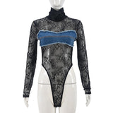 Flytonn Denim Patchwork Lace Bodysuits Women Fashion Turtleneck Long Sleeve See Through Bodycon Tops Sexy Hottie Party Clothes