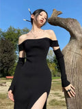 Flytonn-Autumn Sexy Black Knitted Dresses for Women High Split Off Shoulder Female Club Party Dress Y2K Bodycon Harajuku Vestidos New