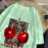 Flytonn-Cherry perfection T Shirt Women Leopard Prints Oversize Cotton T-Shirts Casual O-Neck Short Sleeve Tops Summer Woman Clothes