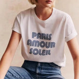 Flytonn-Retro sports style outfit streetwear 90s fashion Paris Amour Soleil Letters Printing French Vintage Style White T Shirts Women Short Sleeve Loose Cotton Summer Tops Chic Tees