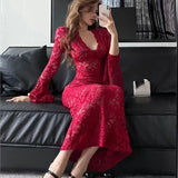 Flytonn-Sexy Bodycon Lace Long Dresses for Women V-neck Flare Sleeves Slim Mermaid Evening Party Dress Club Prom Robe Ladies Vestidos