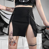 Flytonn-Halloween Outfits Halloween Gifts Gothic Style Gothic Zip Split Sexy Women Mini Skirts Grunge Strap Black High Waist Pencil Skirt Punk E-girl Alt Party Clubwear