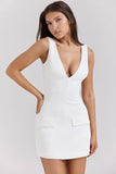 Flytonn 2024 Summer Vacation All White V Neck Fake Pockets Mini Dress For Women Holiday Elegant Sleeveless Short Dresses Lady Streetwear