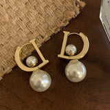 Flytonn-Gold Color Letter D Pearl Korean New Fashion Jewelry Earrings Before After Elegant Women's Daily Versatile Accessories