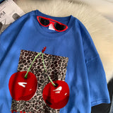 Flytonn-Cherry perfection T Shirt Women Leopard Prints Oversize Cotton T-Shirts Casual O-Neck Short Sleeve Tops Summer Woman Clothes