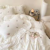 Cifeeo-Rose Flowers Embroidery Ruffle Lace Bedding Set for Girls, Washed Cotton Duvet Cover, Skin Friendly, Bed Sheet, Pillowcases