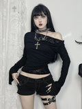 Flytonn Aesthetic Gothic Black T-shirt Women Streetwear Elegant Flocking Patchwork Skew Collar Long Sleeve Crop Tee Tops Autumn