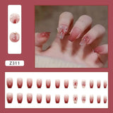 Flytonn- 24Pcs/Set Short Ballet Fake Nails Butterfly Peach Nails Arts Manicure False Nails With Design With Wearing Tools