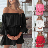 FLYTONN-Women Solid Color Off Shoulder 3/4 Ruffle Sleeve Elastic Waist Mini Party Dress