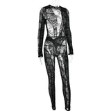 Flytonn Sexy Pearl Chains Backless Jumpsuits Women Lace See Through Long Sleeve Bodycon Party Clubwear Rompers One Piece Overalls