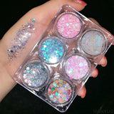 Flytonn 6-color Sequined Gel Cream Eyeshadow Palette Glitter Diamond Eye Makeup Hair Body Face Glitter Gel Art Flash Loose Sequins Cream