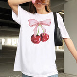 Flytonn-Cherry Bow Printed Women's Vintage T-Shirt Trendy Cute Coquette Tee Shirt Short Sleeve Cottagecore Aesthetic Tops Female Clothes