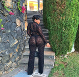 Flytonn Fashion Gauze Jumpsuits Sexy Leopard Print See Through Rompers Casual Basic Long Sleeves Wide Leg Pants Hot Girl Clothing