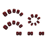 Flytonn- 24Pcs Shiny Short Square False Nail With Sticker Wine Red Classic French Artificial Fake Nails DIY Full Cover Tips Manicure Tool