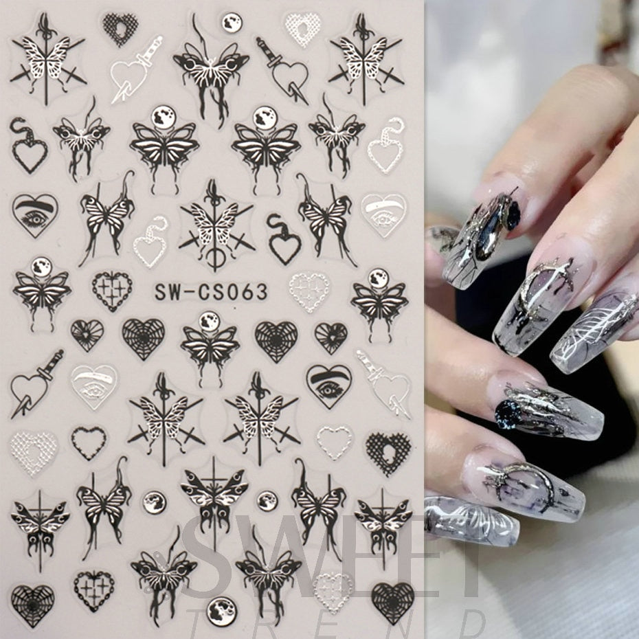Flytonn Metallic Silver Black Nail Stickers 3D Dark Style Charms Sliders Ink Butterfly Moon Heart Lock Sword Foil Manicure Tips BESW-CS
