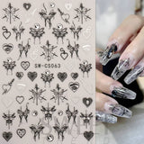 Flytonn Metallic Silver Black Nail Stickers 3D Dark Style Charms Sliders Ink Butterfly Moon Heart Lock Sword Foil Manicure Tips BESW-CS