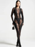 Flytonn Sexy Pearl Chains Backless Jumpsuits Women Lace See Through Long Sleeve Bodycon Party Clubwear Rompers One Piece Overalls