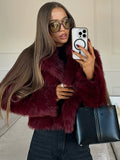 Flytonn-Christmas Thanksgiving Gift New Year's Eve Casual Outfits Elegant Burgundy Lapel Soft Warm Short Faux Fur Coat Fashion Solid Color Long Sleeve Loose Jacket New Woman Winter Streetwear