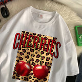 Flytonn-Cherries Cotton T Shirts Women Cherry Leopard Prints Oversized T-Shirts Casual O-Neck Short Sleeve Tops Summer Woman Clothes