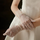 Flytonn-Wedding Gloves Short White Lace Lace Pearl Bridal Gloves