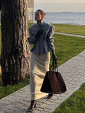 Autumn Winter Elegant Solid Woolen Maxi Skirt Suit Fashion Stand Collar Long Sleeve High Waist Set 2024 Lady Street Commute Sets