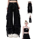 Flytonn-Aesthetic fashion white line black design high waisted jeans women 2024 autumn and winter hip-hop high street casual cargo pants