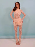 Sibybo Sexy Lace See Through Splice Jumpsuit Set Basics Solid Color Skinny Mini Skirt 2 Pices Set Summer Spicy Girl Set