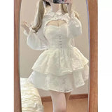 FLYTONN-Hot Girl Lace White Kawaii Lolita Dress Woman Cascading Ruffl Long Sleeve Fairy Dress Straps Birthday Party Quinceanera Dresses